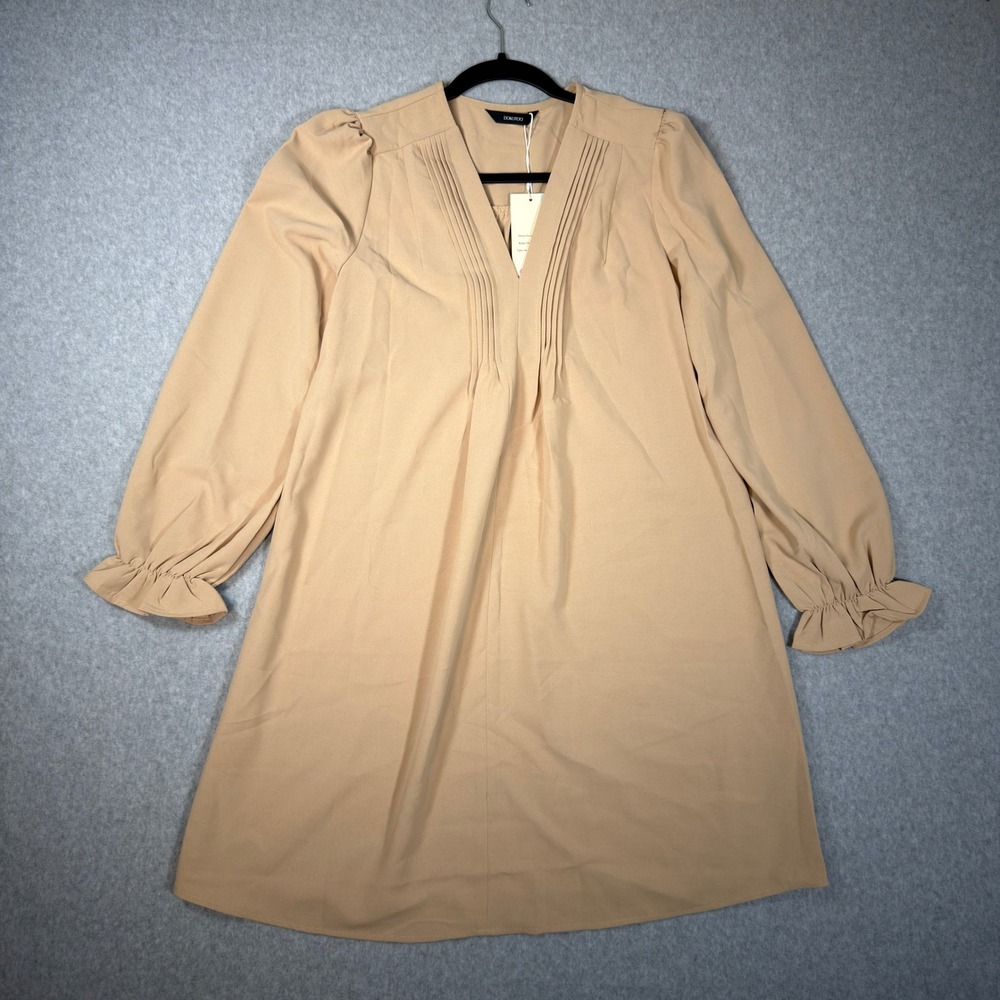 Dokotoo Womens Tan Pintuck V-Neck Ruffle Cuff Long Sleeve Mini Dress Size M